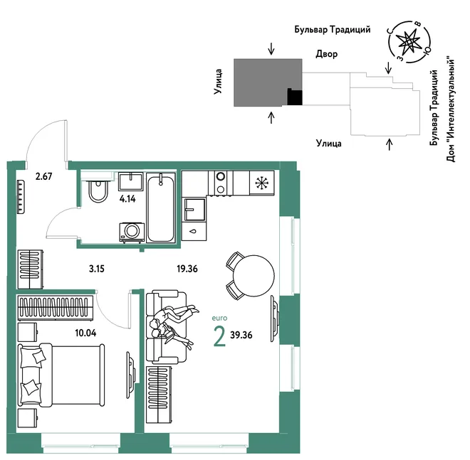 Планировка 2-комн. квартира, 39.36 м² ЖК «Микрорайон Домашний» Планировка 2-комн. квартира, 39.36 м² ЖК «Микрорайон Домашний»