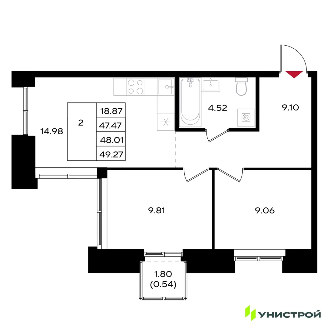 Планировка 2-комн. квартира, 48.01 м² ЖК «Уникум на Энгельса»