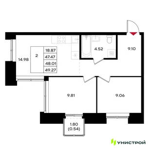 Планировка 2-комн. квартира, 48.01 м² ЖК «Уникум на Энгельса»