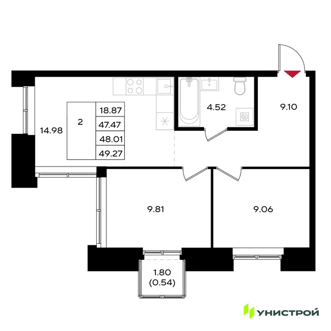 Планировка 2-комн. квартира, 48.01 м² ЖК «Уникум на Энгельса» Планировка 2-комн. квартира, 48.01 м² ЖК «Уникум на Энгельса»
