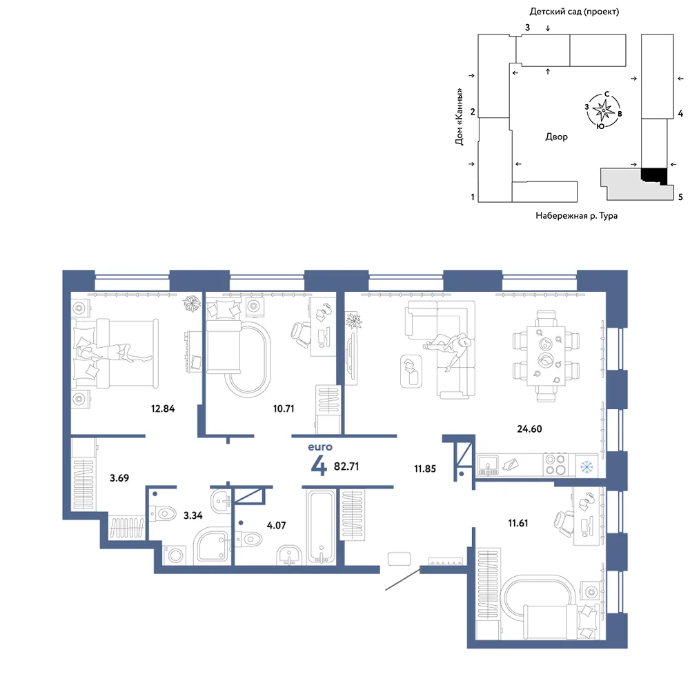 Планировка 4-комн. квартира, 82.71 м² ЖК «Европейский берег 2.0»
