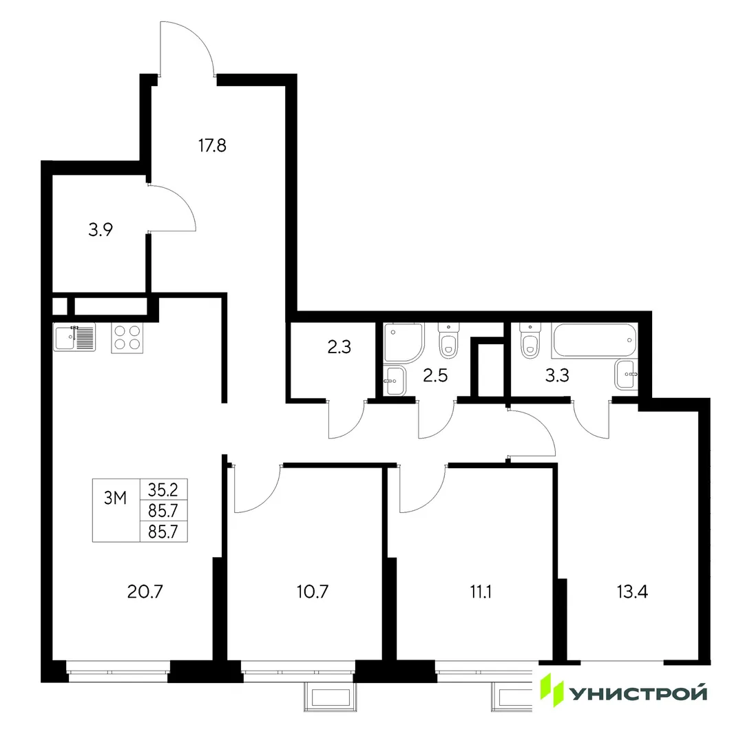 Планировка 3-комн. квартира, 85.7 м² ЖК «Стадиум»