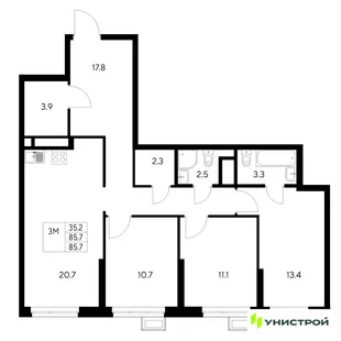 Планировка 3-комн. квартира, 85.7 м² ЖК «Стадиум»