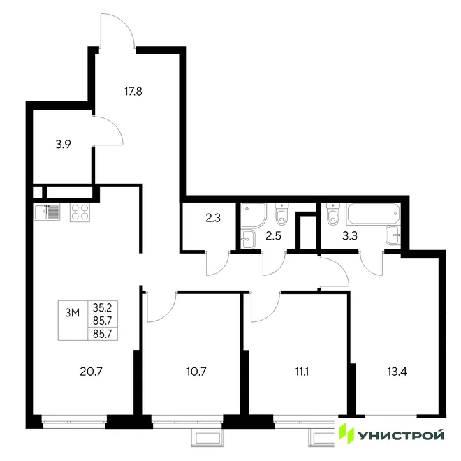 Планировка 3-комн. квартира, 85.7 м² ЖК «Стадиум» Планировка 3-комн. квартира, 85.7 м² ЖК «Стадиум»