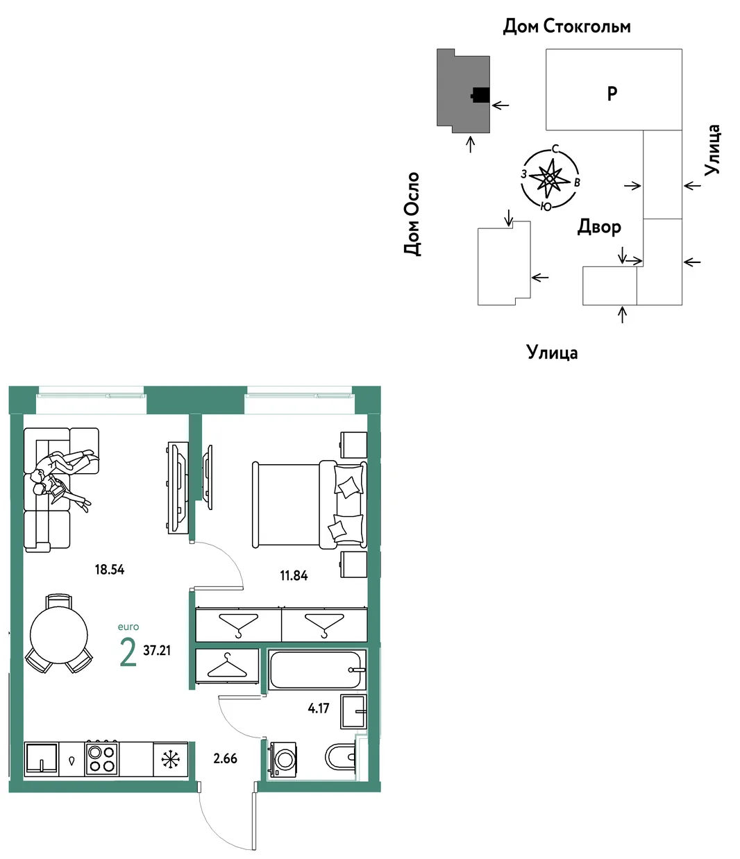 Планировка 2-комн. квартира, 37.21 м² ЖК «Европейский берег 2.0»