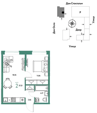 Планировка 2-комн. квартира, 37.21 м² ЖК «Европейский берег 2.0»