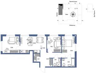 Планировка 4-комн. квартира, 74.03 м² ЖК «Европейский берег 2.0»