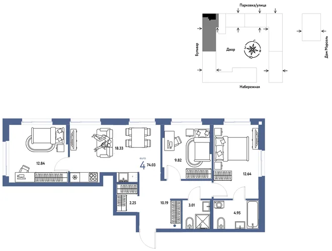 Планировка 4-комн. квартира, 74.03 м² ЖК «Европейский берег 2.0» Планировка 4-комн. квартира, 74.03 м² ЖК «Европейский берег 2.0»
