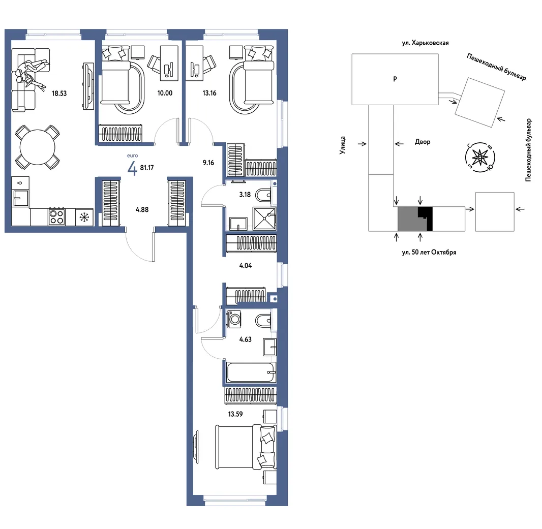 Планировка 4-комн. квартира, 81.17 м² ЖК «Сердце Сибири»