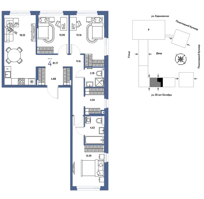 Планировка 4-комн. квартира, 81.17 м² ЖК «Сердце Сибири» Планировка 4-комн. квартира, 81.17 м² ЖК «Сердце Сибири»