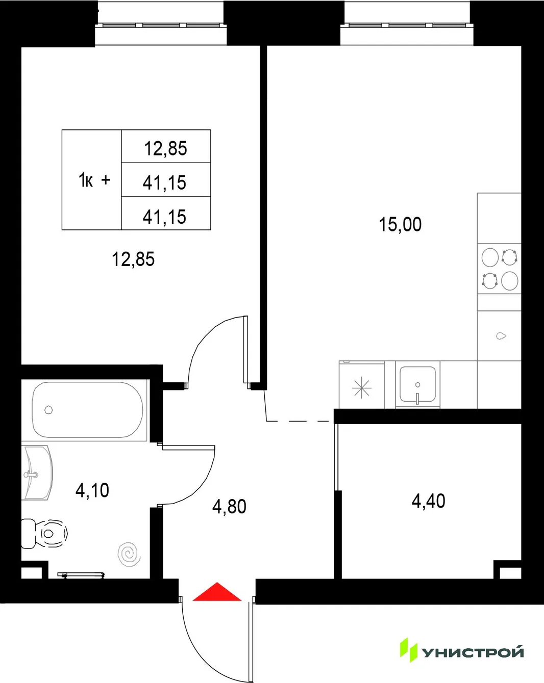 Планировка 1-комн. квартира, 41.15 м² ЖК «Уникод на Технической»