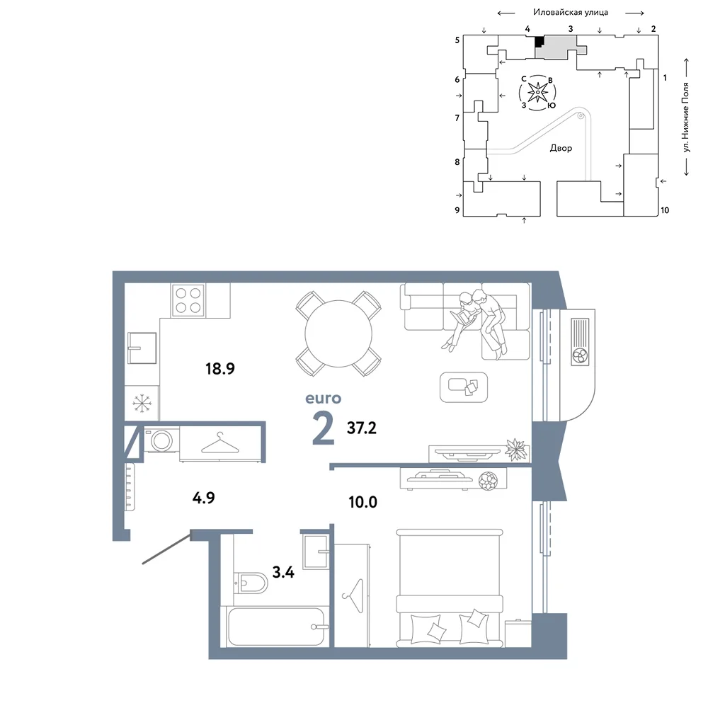 Планировка 2-комн. квартира, 37.2 м² ЖК «Страна.Заречная»
