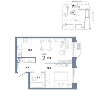 Планировка 2-комн. квартира, 37.2 м² ЖК «Страна.Заречная»