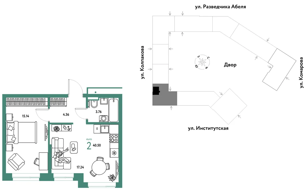 Планировка 2-комн. квартира, 40.5 м² ЖК «Страна.Парковая»