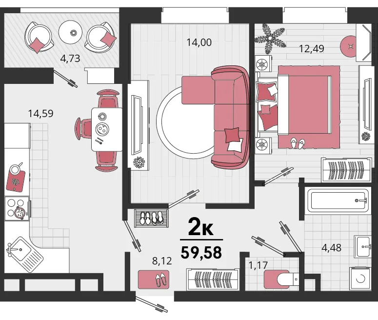 Планировка 2-комн. квартира, 59.58 м² ЖК «Родные просторы»