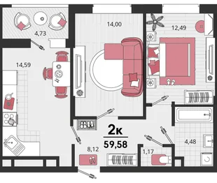 Планировка 2-комн. квартира, 59.58 м² ЖК «Родные просторы»