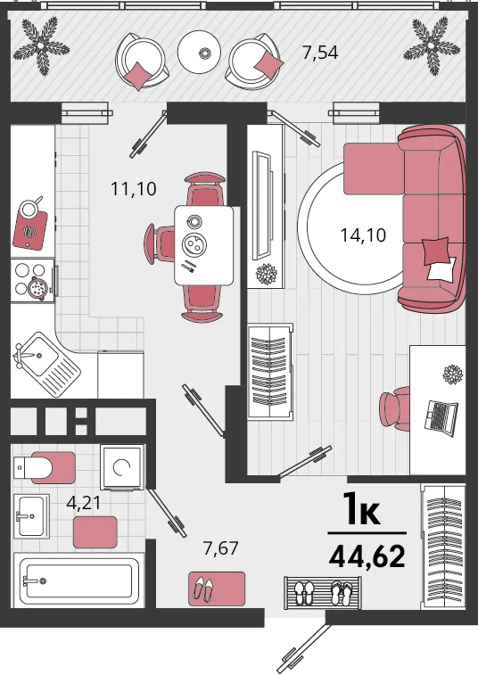 Планировка 1-комн. квартира, 44.62 м² ЖК «Родные просторы»
