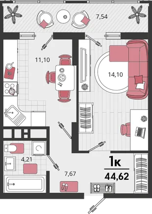 Планировка 1-комн. квартира, 44.62 м² ЖК «Родные просторы»