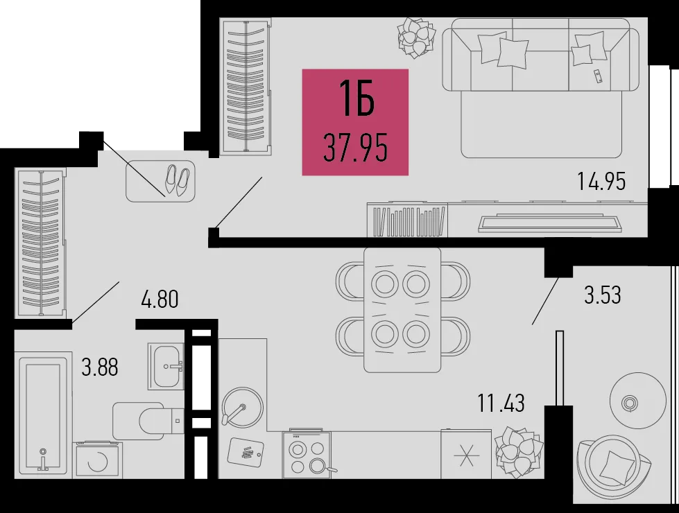 Планировка 1-комн. квартира, 37.95 м² ЖК «Столицыно»