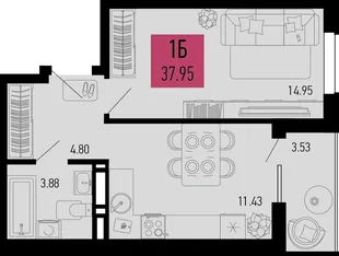 Планировка 1-комн. квартира, 37.95 м² ЖК «Столицыно»
