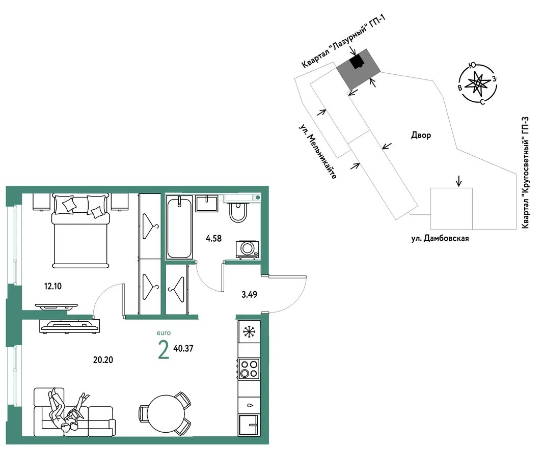 Планировка 2-комн. квартира, 40.37 м² ЖК «Страна Прибрежная»