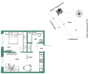 Планировка 2-комн. квартира, 40.37 м² ЖК «Страна Прибрежная»