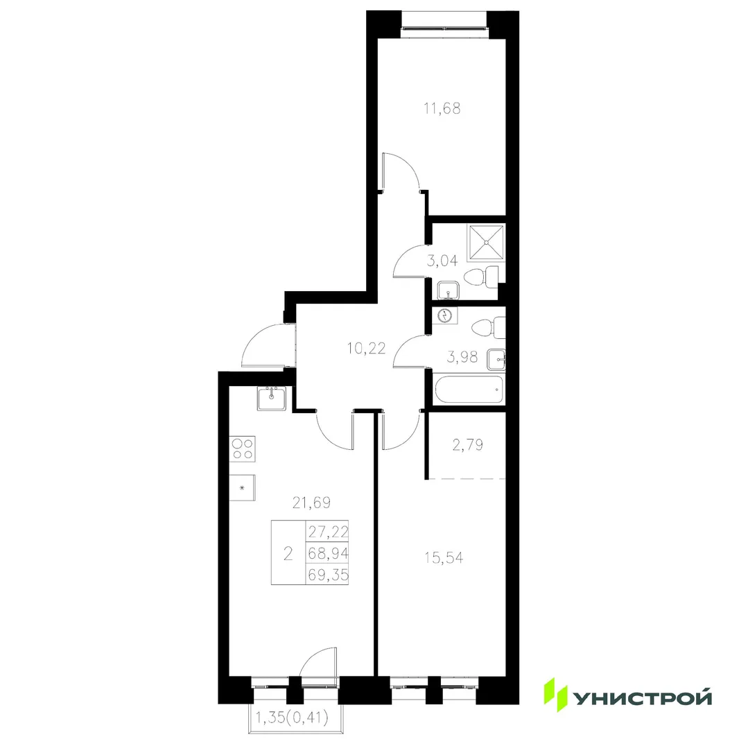 Планировка 2-комн. квартира, 69.35 м² ЖК «Statum»
