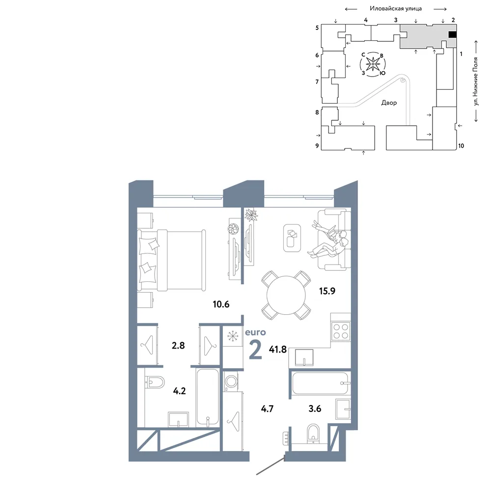 Планировка 2-комн. квартира, 41.8 м² ЖК «Страна.Заречная»