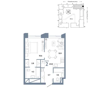 Планировка 2-комн. квартира, 41.8 м² ЖК «Страна.Заречная»