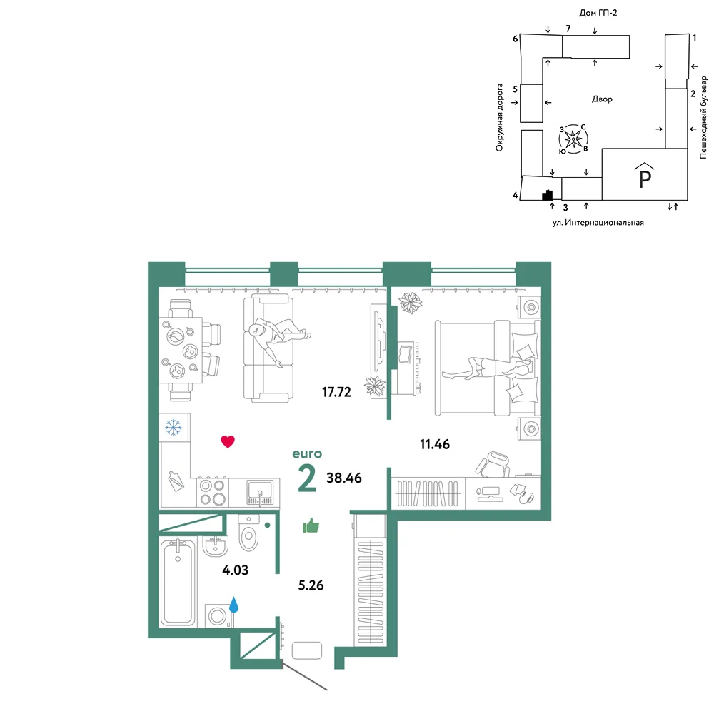 Планировка 2-комн. квартира, 38.46 м² ЖК «Юнион»