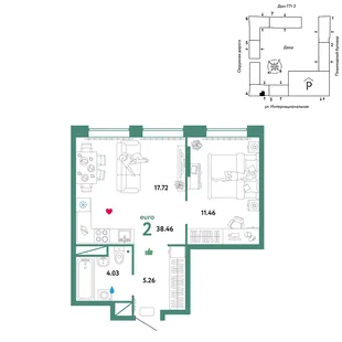 Планировка 2-комн. квартира, 38.46 м² ЖК «Юнион»
