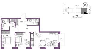 Планировка 3-комн. квартира, 67.63 м² ЖК «Микрорайон Домашний»