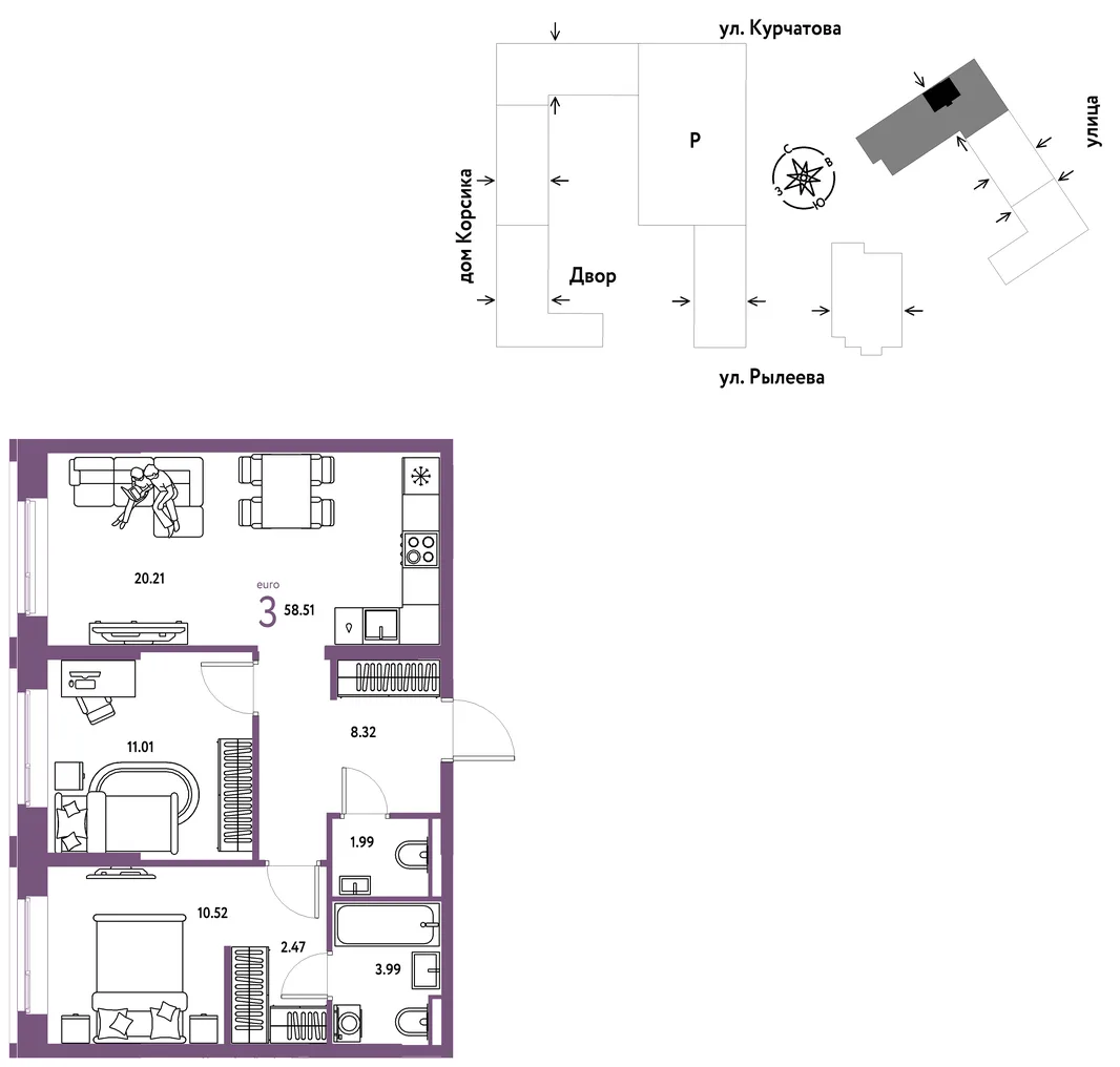Планировка 3-комн. квартира, 58.96 м² ЖК «Остров-сад»