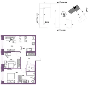 Планировка 3-комн. квартира, 58.96 м² ЖК «Остров-сад»