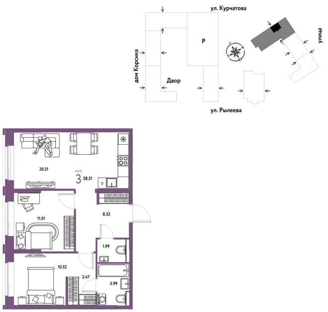 Планировка 3-комн. квартира, 58.96 м² ЖК «Остров-сад» Планировка 3-комн. квартира, 58.96 м² ЖК «Остров-сад»