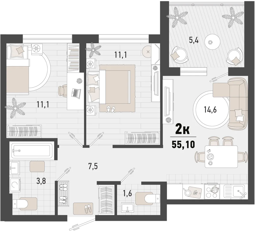 Планировка 2-комн. квартира, 55.1 м² ЖК «Барса»