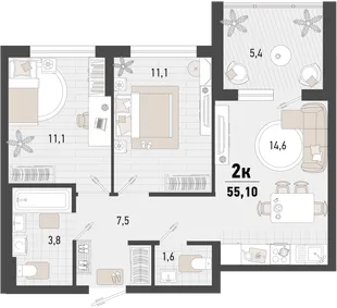Планировка 2-комн. квартира, 55.1 м² ЖК «Барса»