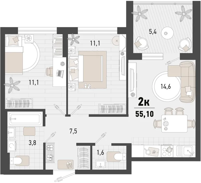 Планировка 2-комн. квартира, 55.1 м² ЖК «Барса»