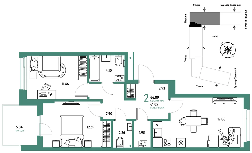 Планировка 2-комн. квартира, 66.89 м² ЖК «Микрорайон Домашний»