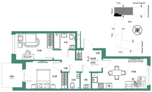 Планировка 2-комн. квартира, 66.89 м² ЖК «Микрорайон Домашний»