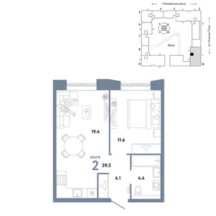 Планировка 2-комн. квартира, 39.5 м² ЖК «Страна.Заречная»