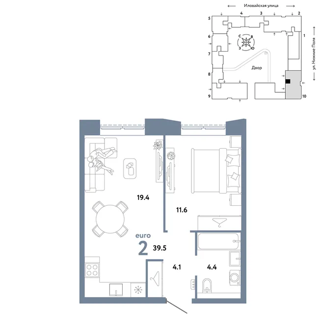 Планировка 2-комн. квартира, 39.5 м² ЖК «Страна.Заречная» Планировка 2-комн. квартира, 39.5 м² ЖК «Страна.Заречная»