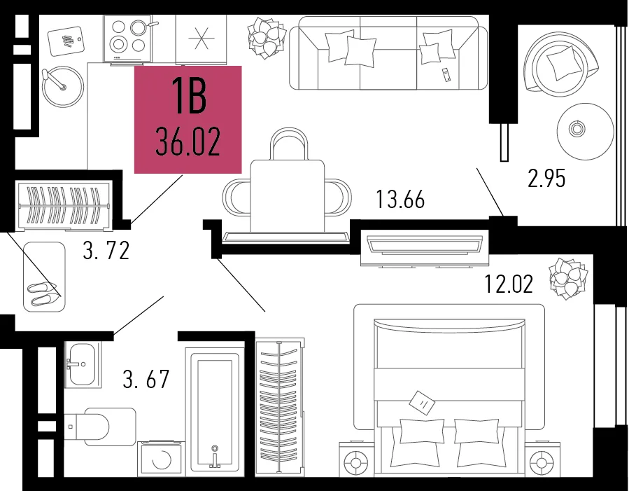 Планировка 1-комн. квартира, 36.02 м² ЖК «Столицыно»