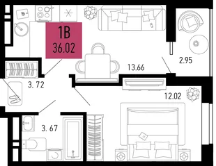 Планировка 1-комн. квартира, 36.02 м² ЖК «Столицыно»