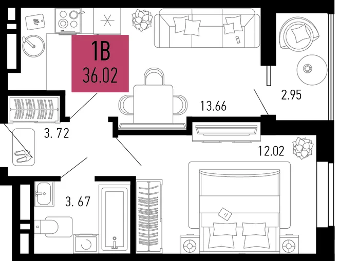 Планировка 1-комн. квартира, 36.02 м² ЖК «Столицыно» Планировка 1-комн. квартира, 36.02 м² ЖК «Столицыно»