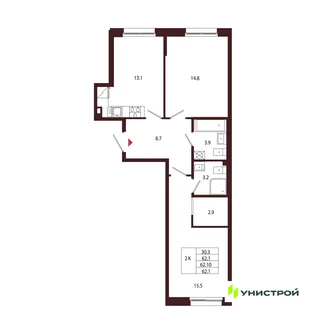 Планировка 2-комн. квартира, 62.1 м² ЖК «Лисино»