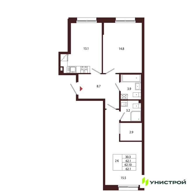 Планировка 2-комн. квартира, 62.1 м² ЖК «Лисино» Планировка 2-комн. квартира, 62.1 м² ЖК «Лисино»