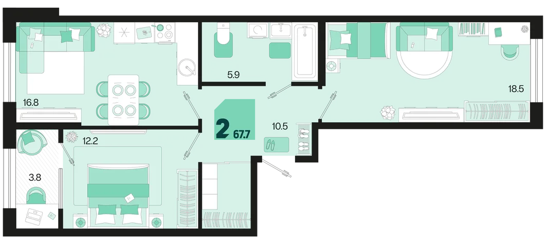 Планировка 2-комн. квартира, 67.7 м² ЖК «Первое место»