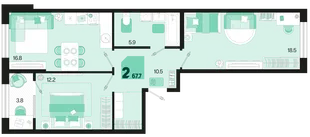 Планировка 2-комн. квартира, 67.7 м² ЖК «Первое место»