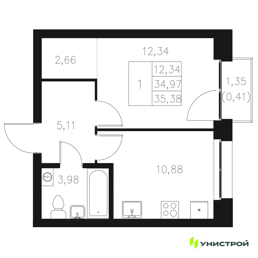 Планировка 1-комн. квартира, 35.38 м² ЖК «Statum»